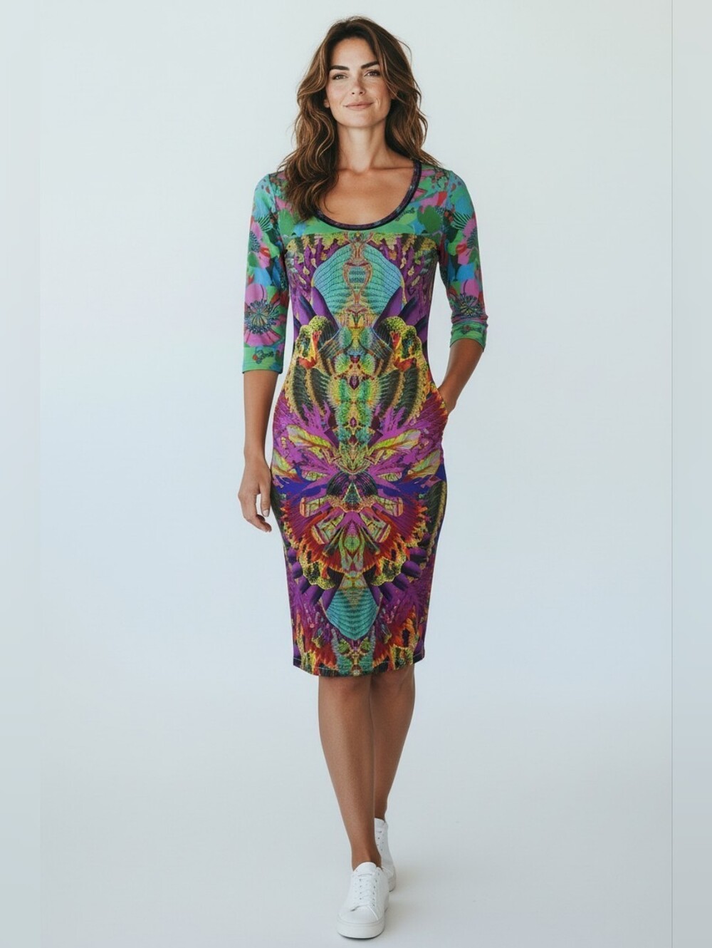 Custo Barcelona Bold Multicolor Midi Dress with Purple & Green Accents